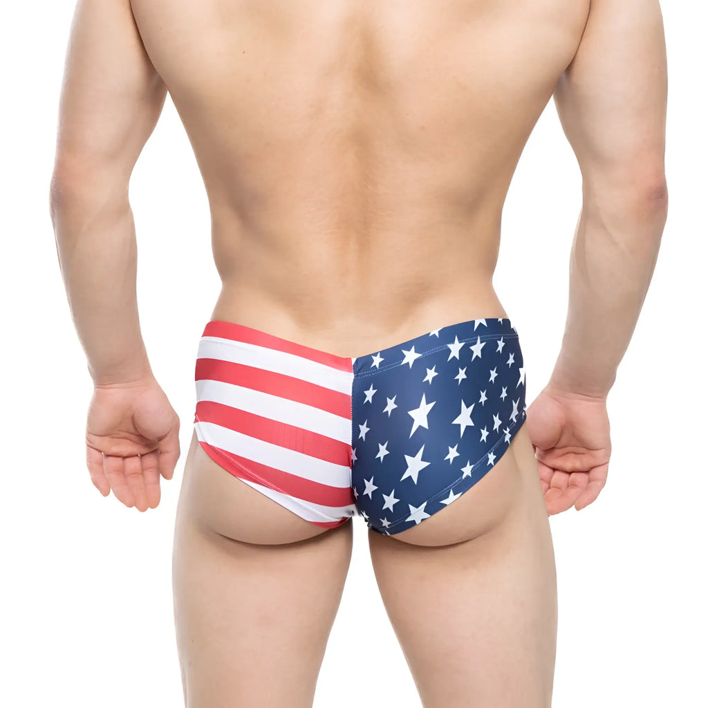 Metro malewear cheek usa 2028-90 american flag swim trunks with red white stripes and blue white stars design