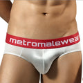 MetroMaleWear chrome hip brief in silver metallic with red waistband and white logo for stylish men’s underwear