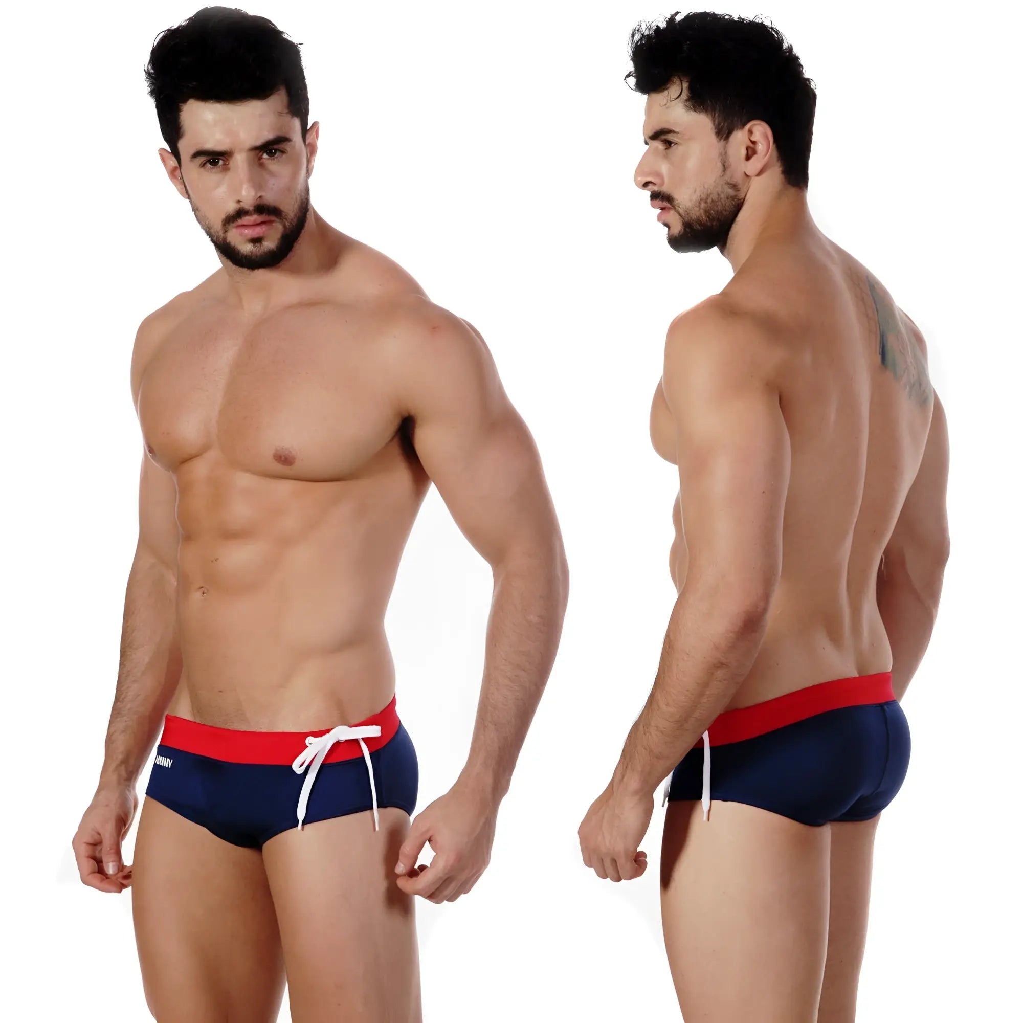 Navy blue metroMalewear chrome swim brief 4910-28 with red waistband and white drawstring for casual swimming