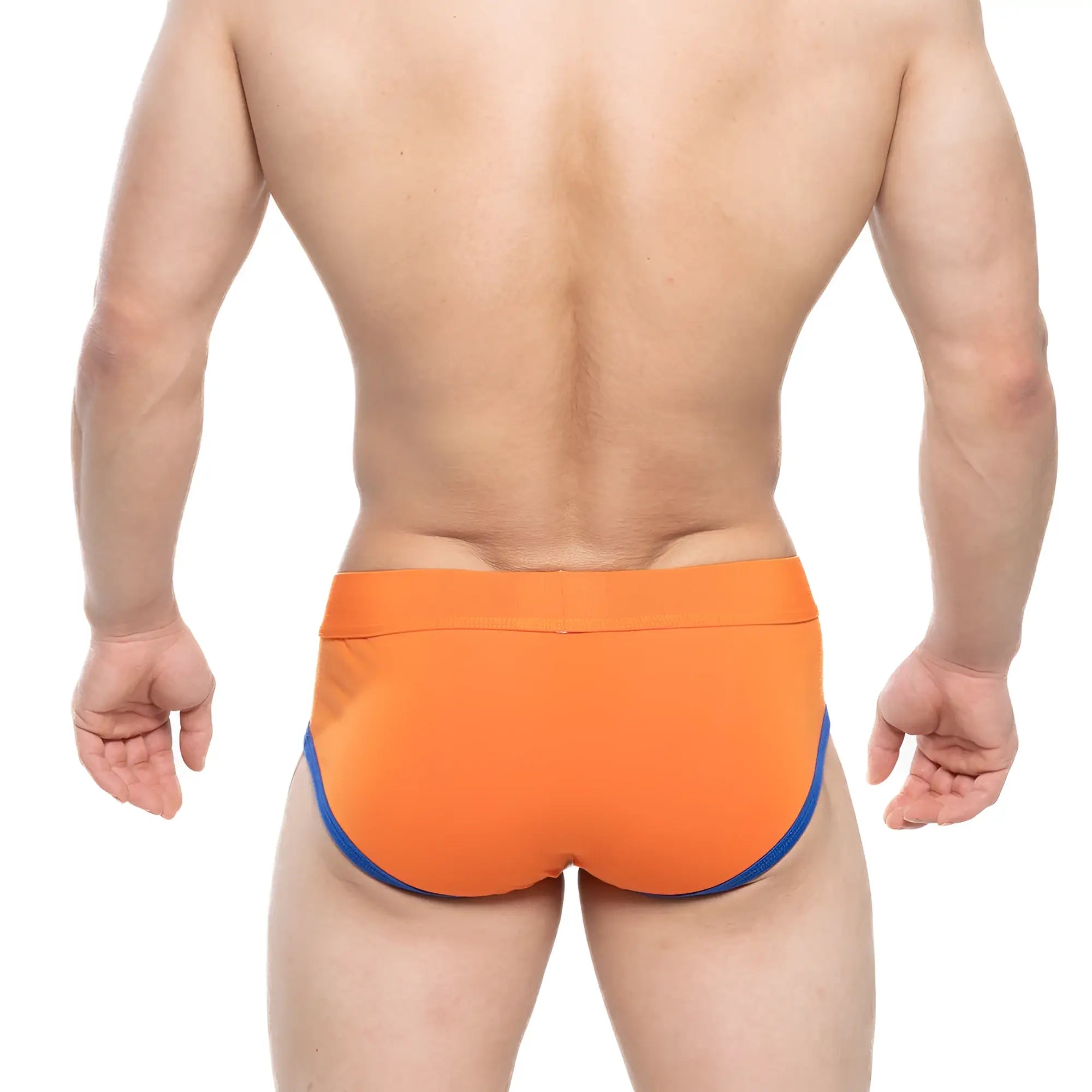 Bright orange MetroMaleWear Ciclerut brief 9004-24 swim trunks with contrasting blue trim along the sides