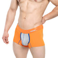 Orange boxer briefs MetroMaleWear Ciclerut Short Boxer 7 inch with gray blue front panel and white branded elastic waistband