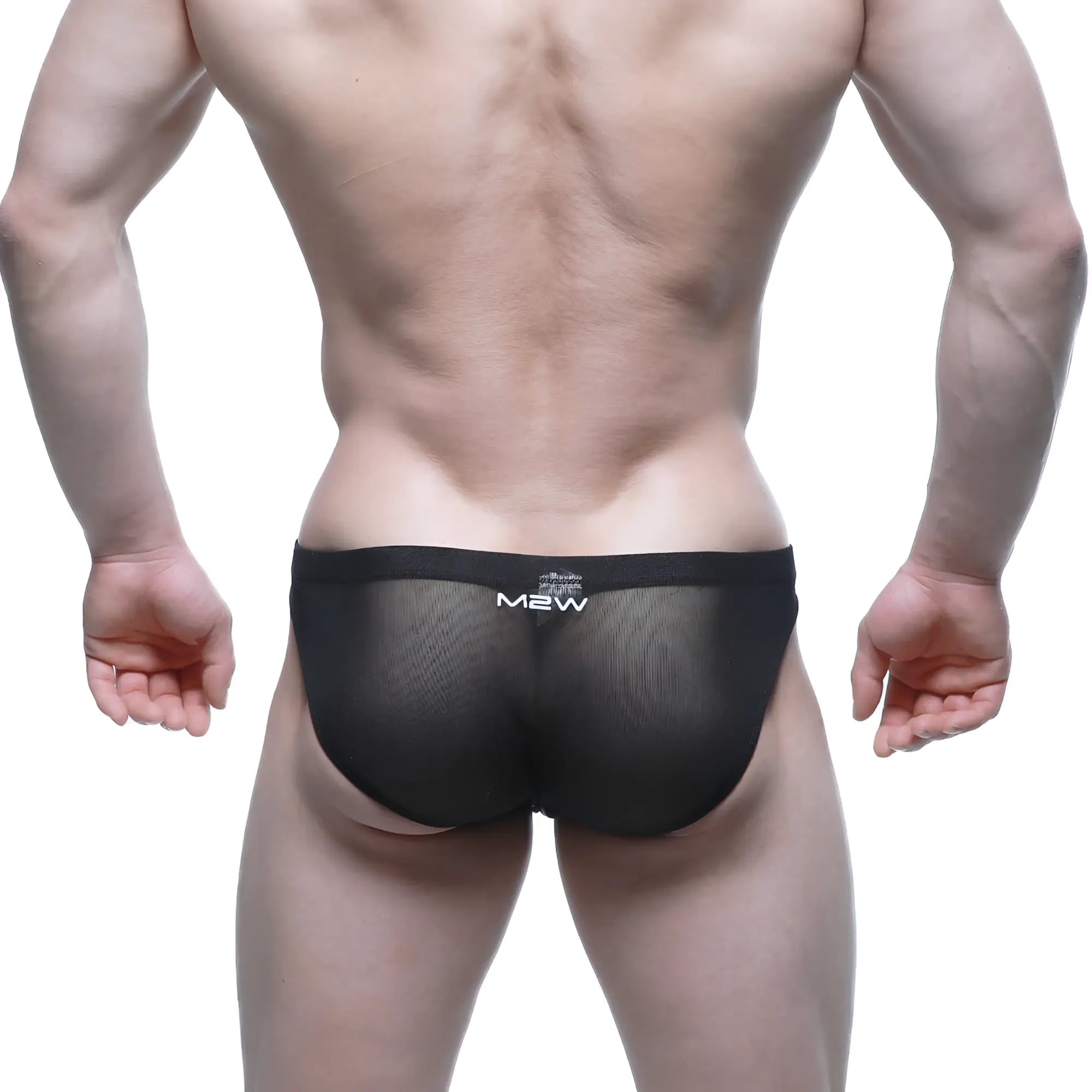 Black mesh briefs with white m2w logo on waistband metro malewear cita bikini 5103-m58 front view