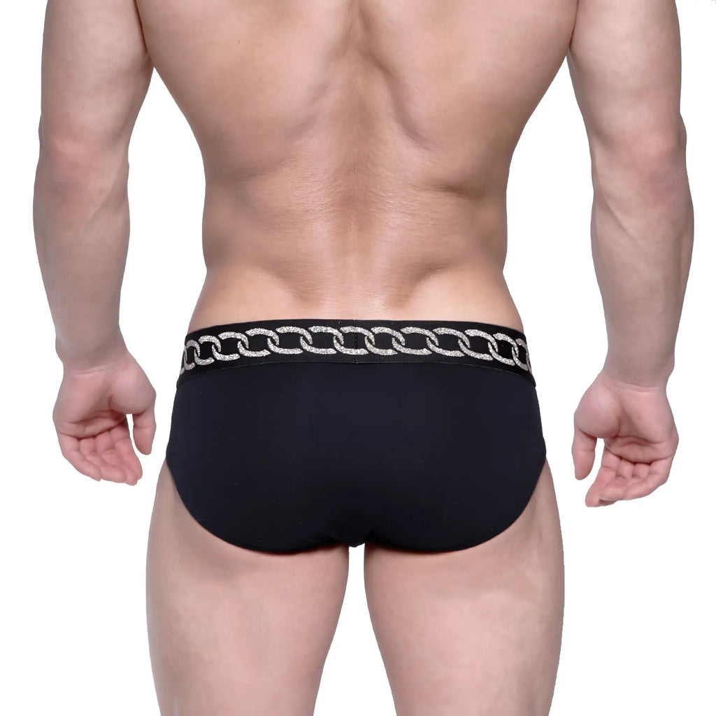 Black MetroMaleWear classic hip briefs with silver chain-link trim on waistband metal model 5003-M20