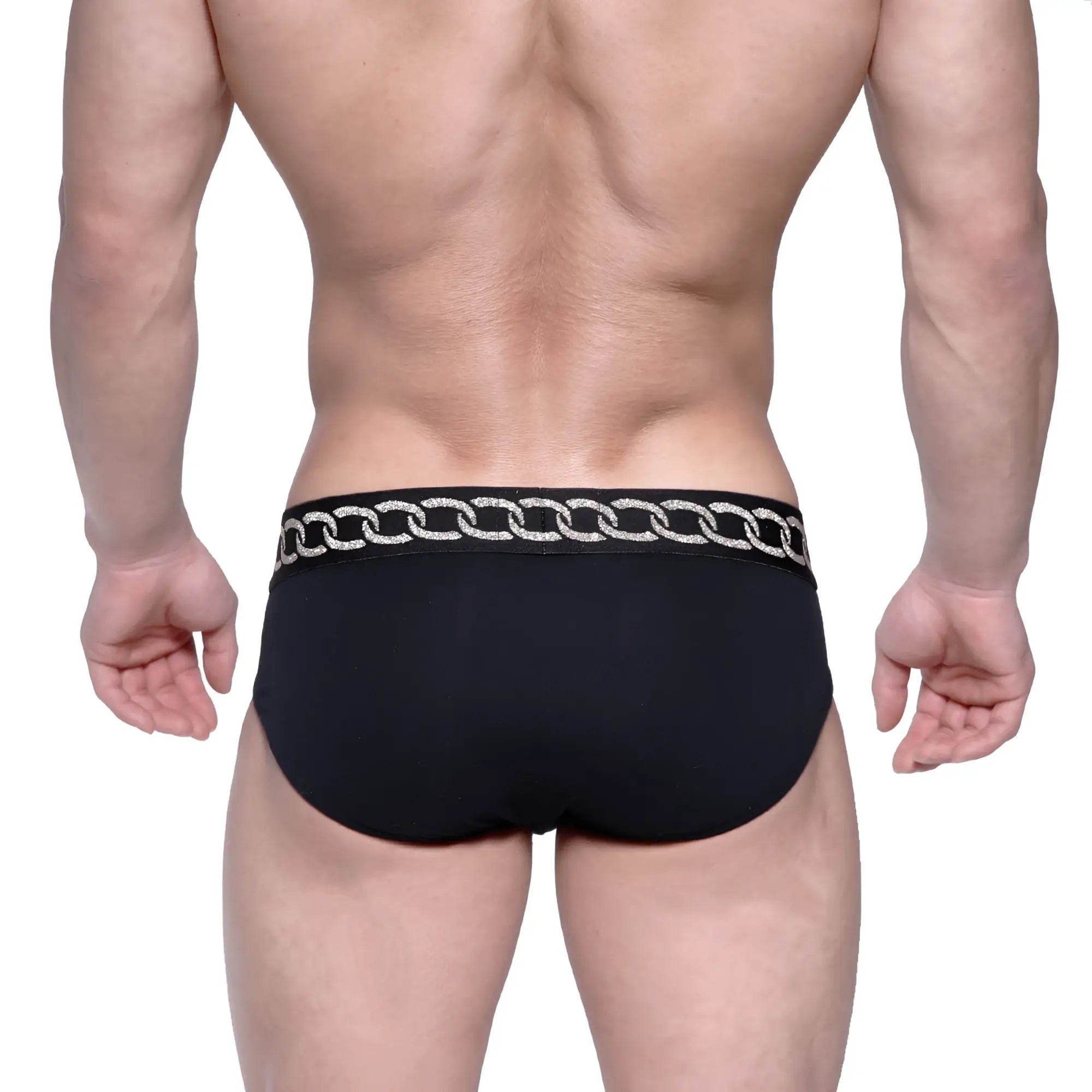 Black MetroMaleWear classic hip briefs with silver chain-link trim on waistband metal model 5003-M20