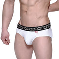 MetroMaleWear classic hip brief metal white with black waistband silver chain-link detailing and red brand tag