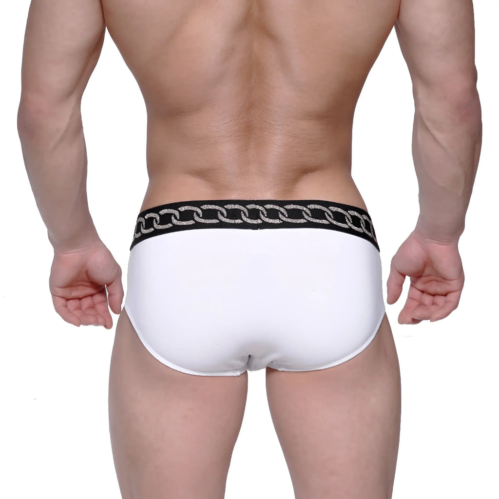 MetroMaleWear classic hip brief metal white with black waistband featuring a silver chain pattern design