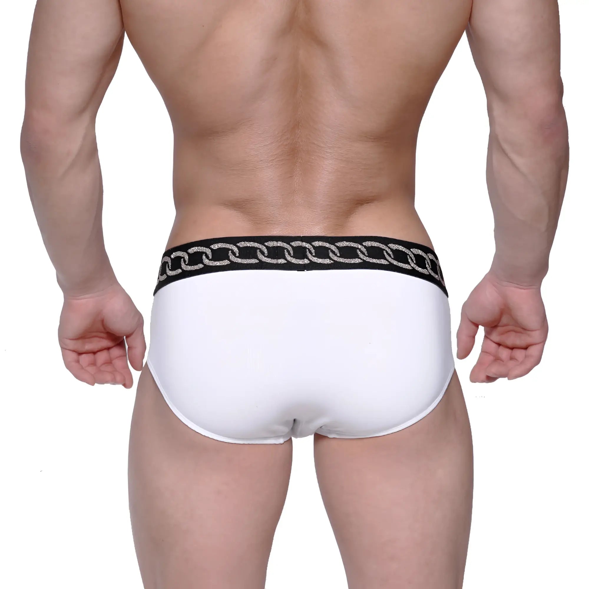 MetroMaleWear classic hip brief metal white with black waistband featuring a silver chain pattern design