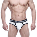 White and black athletic briefs with ribbed waistband featuring metromalewear logo metro malewear classic ribbed brief