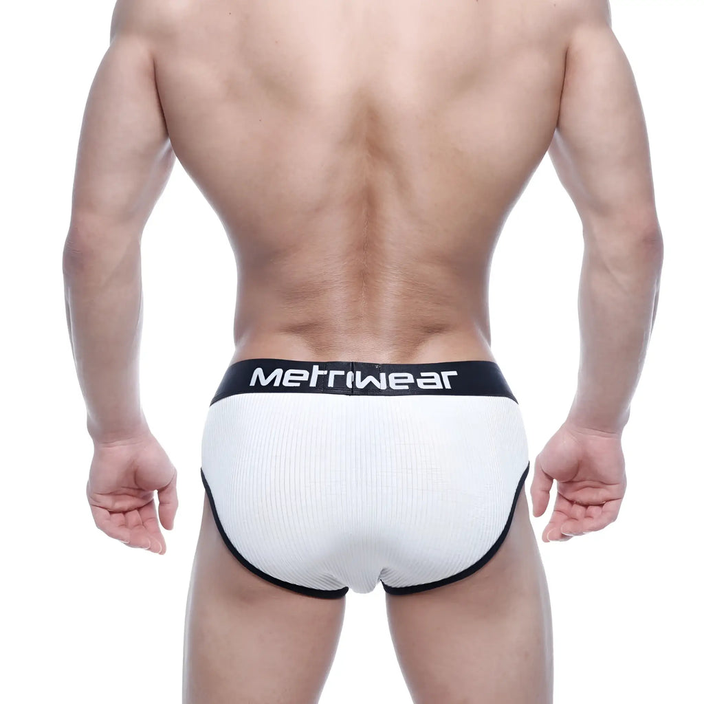 MetroMaleWear classic ribbed white briefs with black trim and logo waistband 1103-30 front view