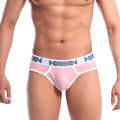 Metro male wear classic ribbed briefs in marshmallow pink with white trim and gray logo band in textured fabric