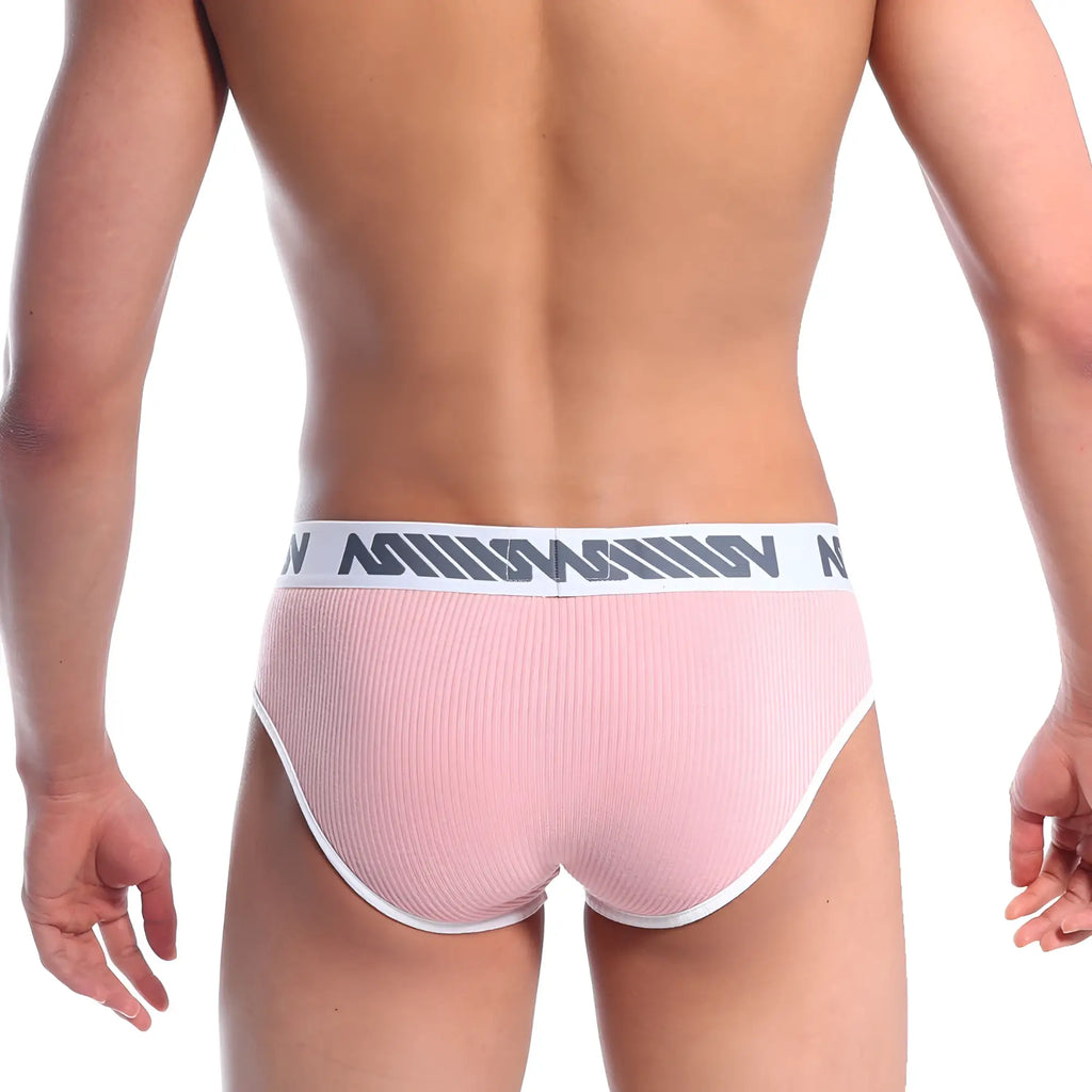 Pink ribbed briefs with white waistband and gray logo pattern by metro male wear marshmallow pink 1103-01