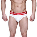 White men’s ribbed briefs with a red elastic waistband featuring metromalewear logo in white lettering