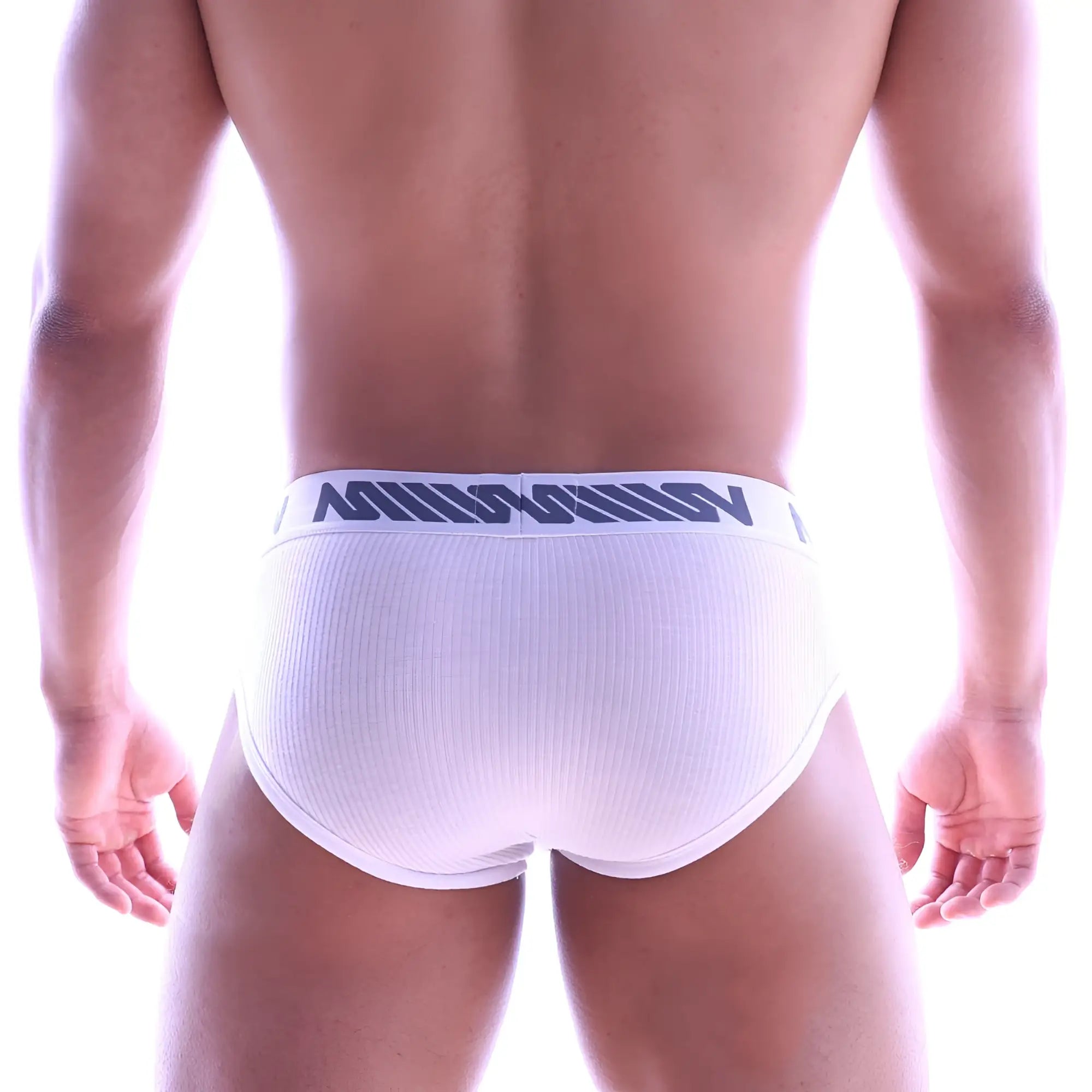 MetroMaleWear classic ribbed briefs in white with a navy blue logo waistband for comfortable everyday wear
