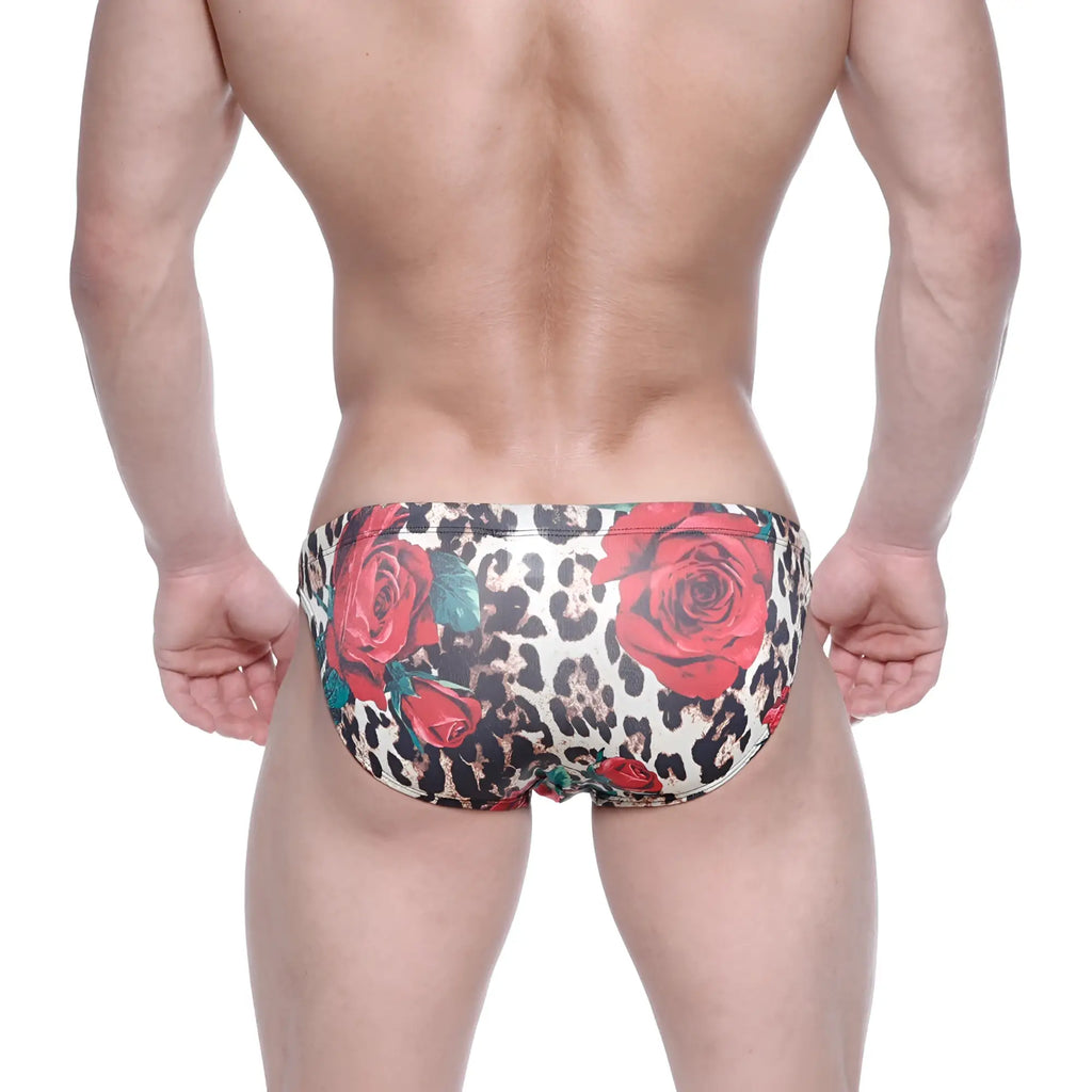 MetroMalewear classic swim bikini flora 4937-53 features red rose and leopard print swim trunks for men