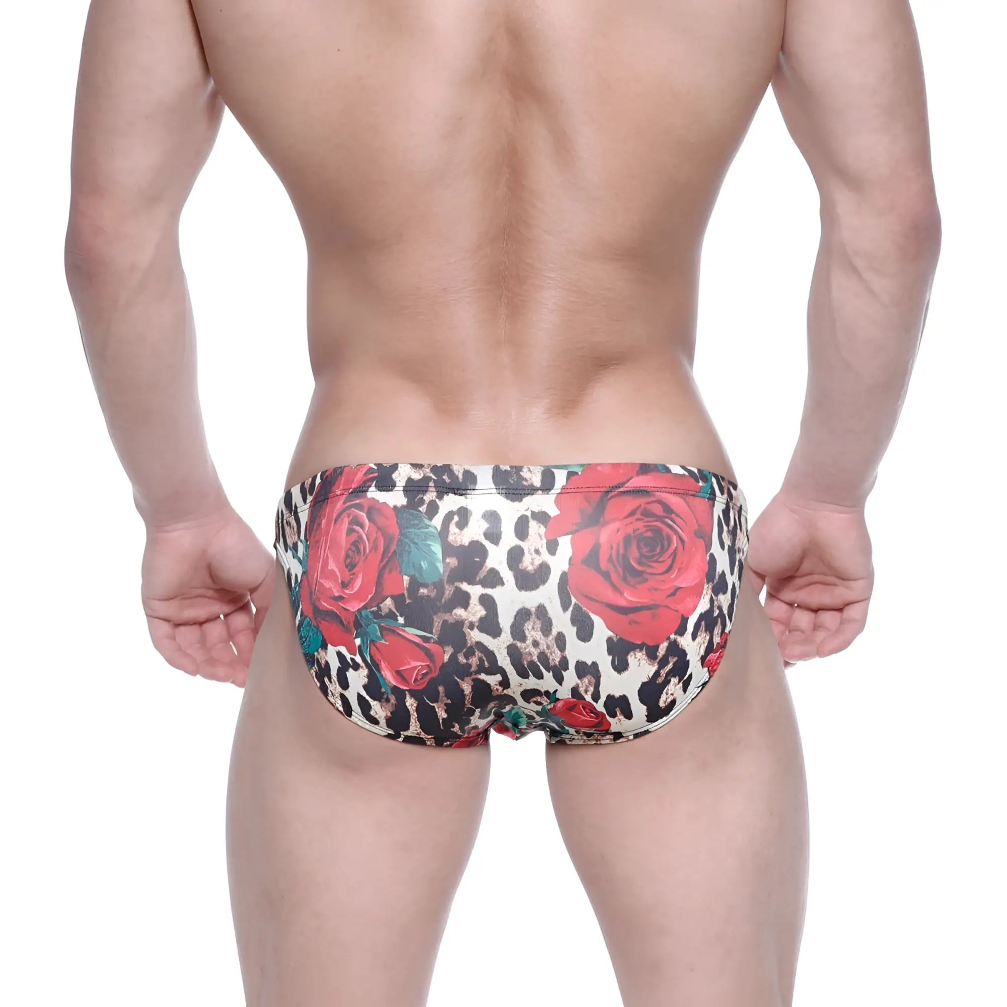 MetroMalewear classic swim bikini flora 4937-53 features red rose and leopard print swim trunks for men