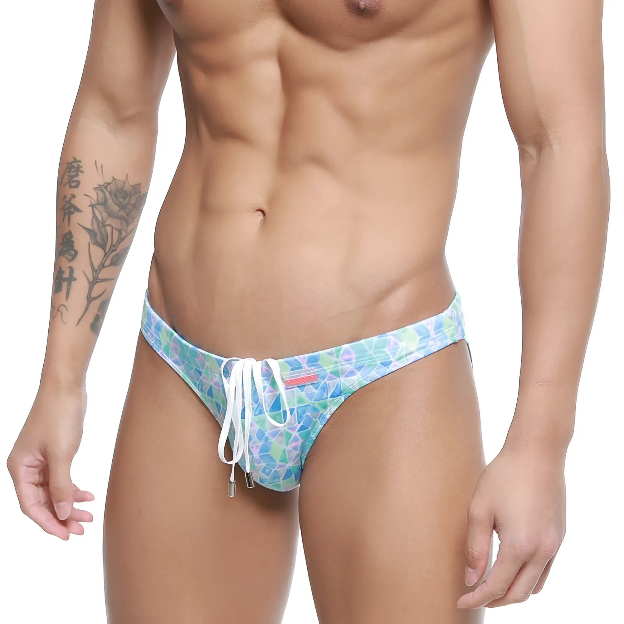 MetroMaleWear classic swim bikini glass 4937-62 blue and green geometric patterned swim trunks with white drawstrings