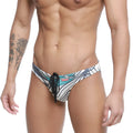 MetroMaleWear classic swim bikini Meadow 4937-09 men’s swim trunks with bold teal black and white tropical leaf pattern and black drawstring