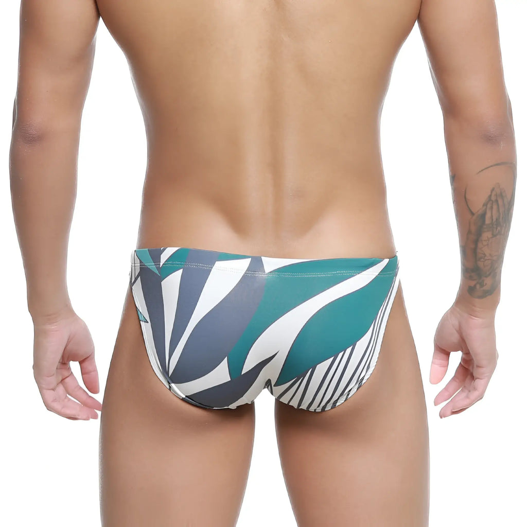 Metro malewear classic swim bikini meadow 4937-09 teal white and gray abstract leaf-patterned swim trunks