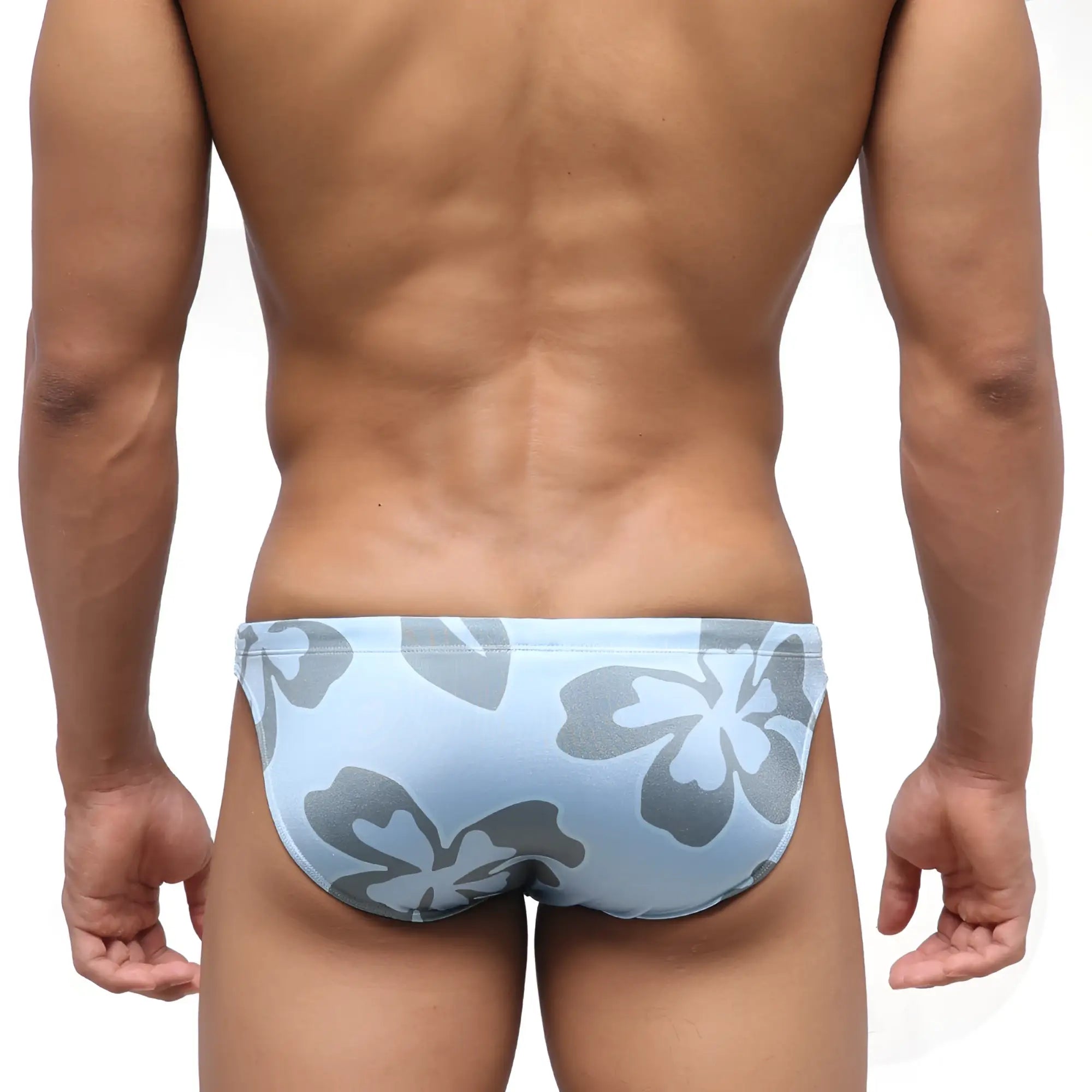 Light blue MetroMaleWear classic swim bikini with bold gray hibiscus flower pattern perfect for beachwear