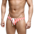 MetroMaleWear classic swim bikini in red and white stripes with drawstring waistband for comfortable beachwear