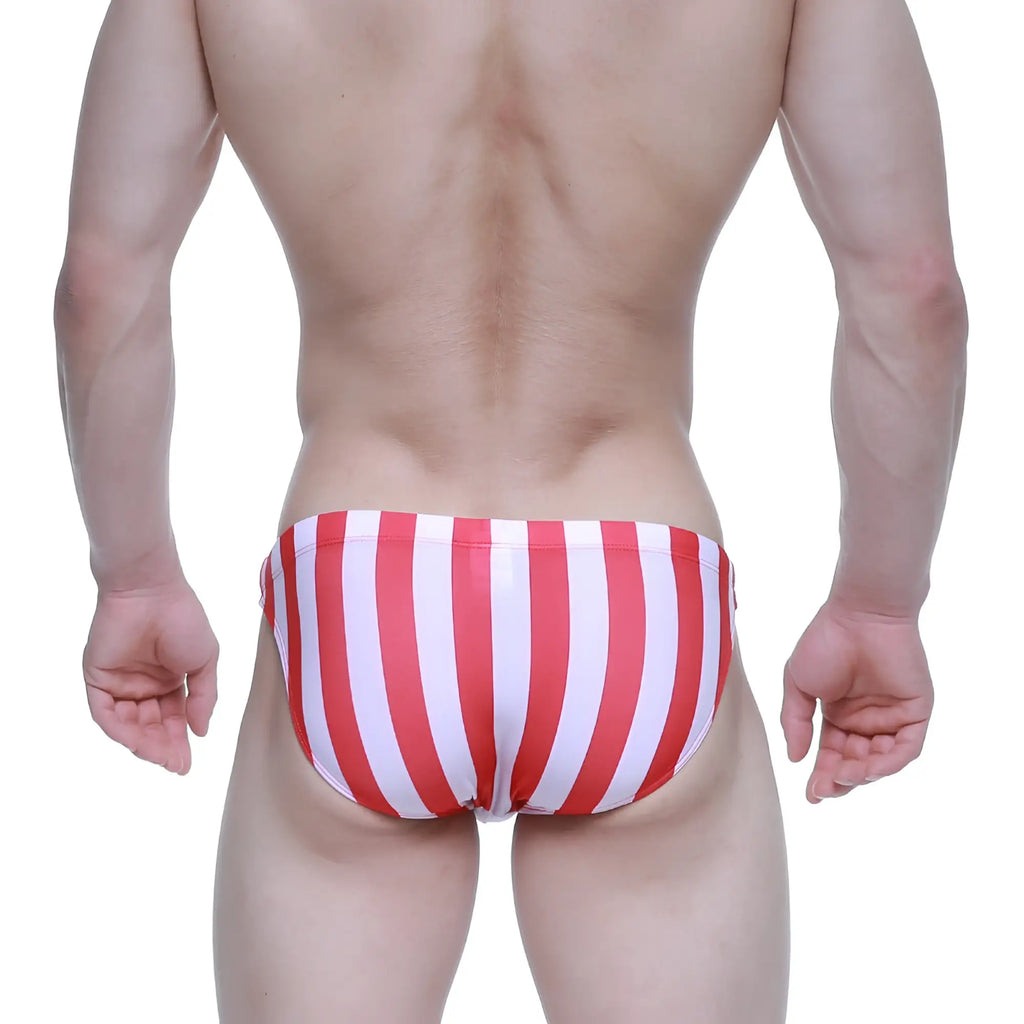 MetroMaleWear classic swim bikini red stripe 4937-33 features red and white vertically striped swim trunks