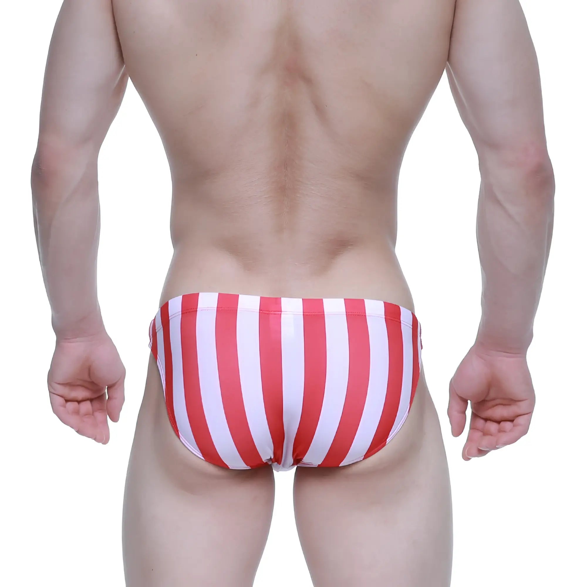 MetroMaleWear classic swim bikini red stripe 4937-33 features red and white vertically striped swim trunks