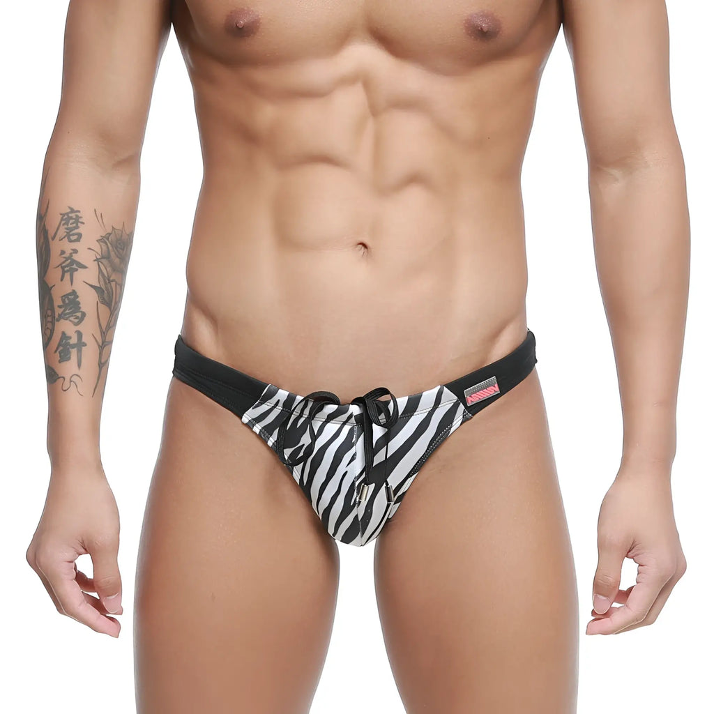 MetroMaleWear classic swim bikini zebra 4937-35 features black and white zebra-striped trunks with black waistband and drawstring