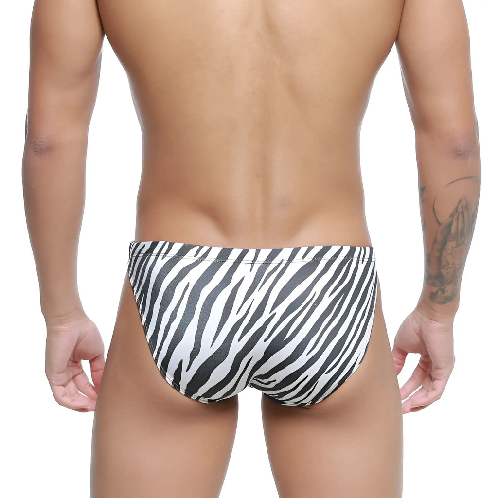 MetroMaleWear classic swim bikini zebra 4937-35 featuring black and white zebra-striped swim trunks front view