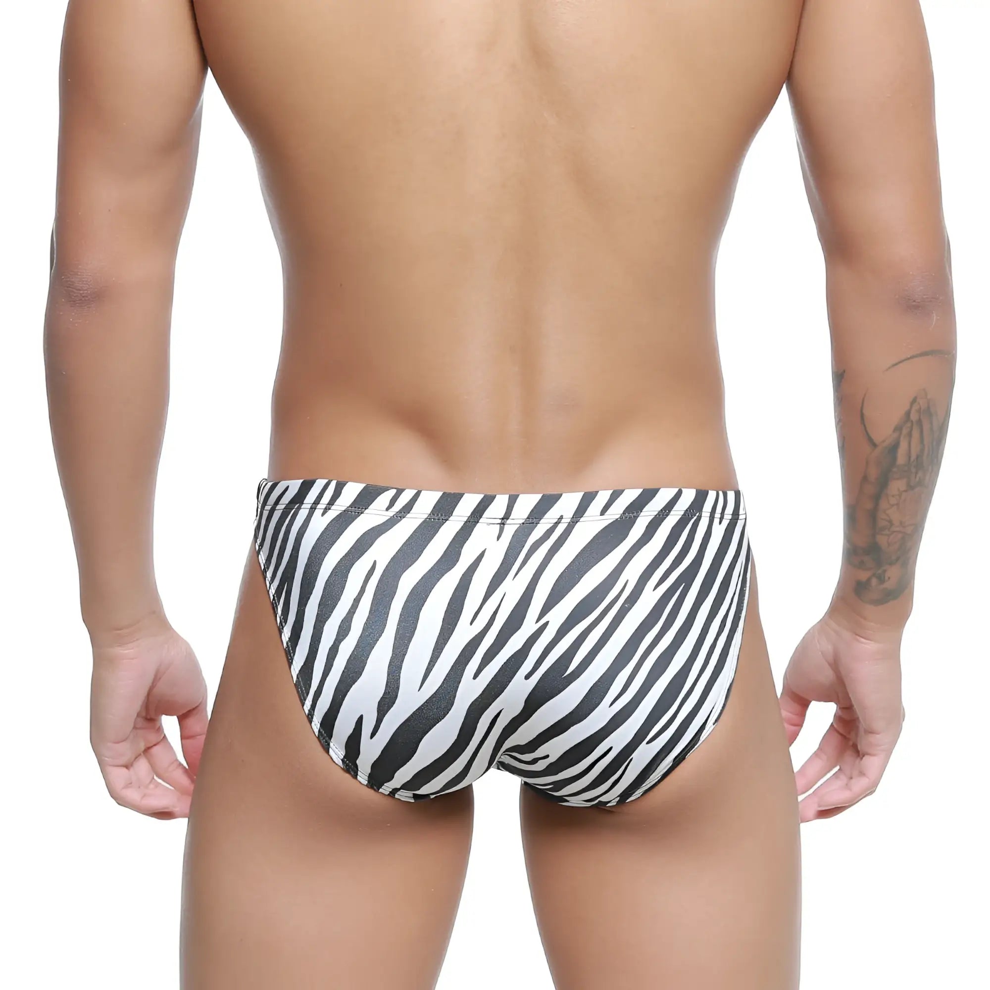 MetroMaleWear classic swim bikini zebra 4937-35 featuring black and white zebra-striped swim trunks front view