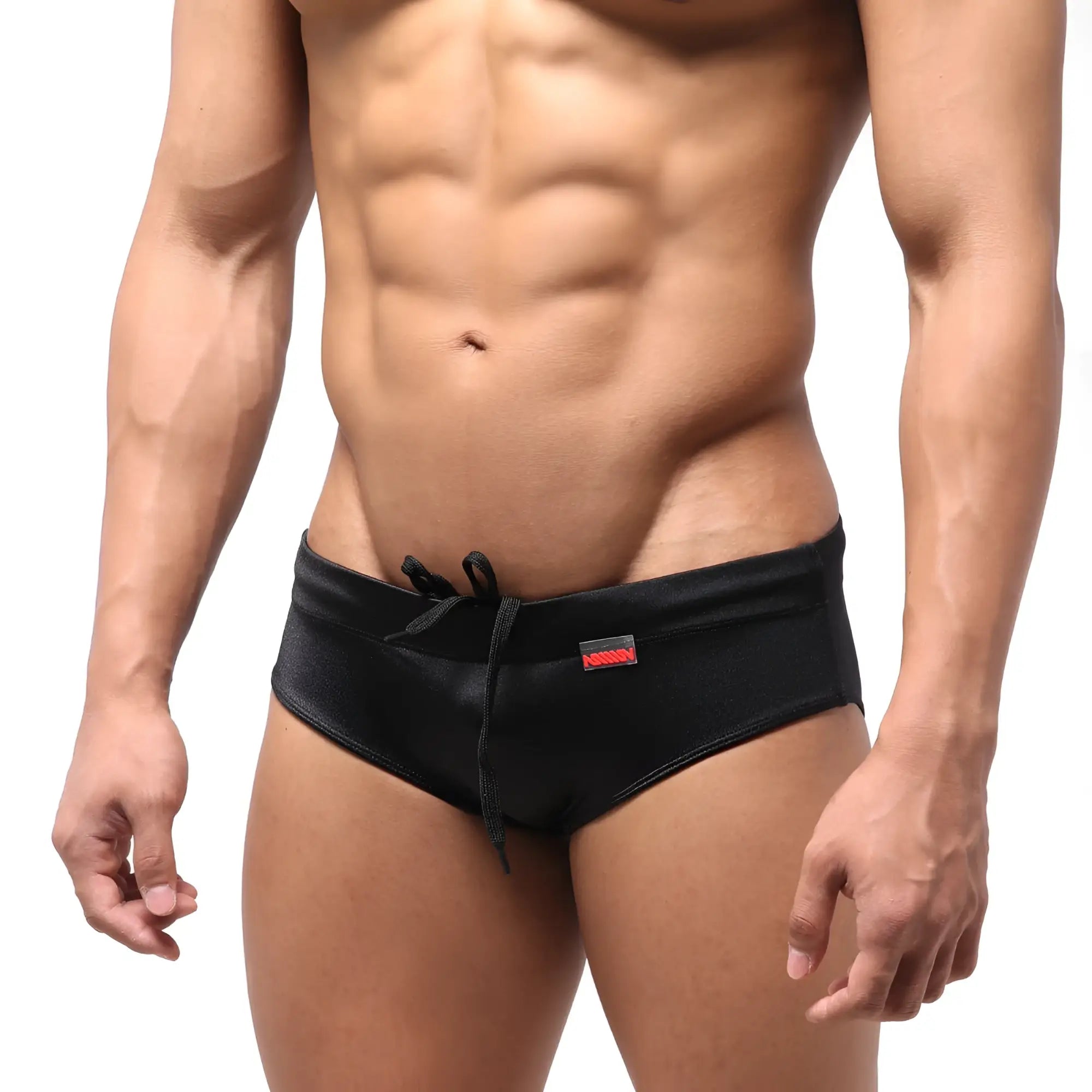 MetroMaleWear classic swim brief black with drawstring waistband and small red logo on the side