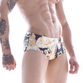 MetroMaleWear classic swim brief Egipto 4914-99 black and gold ornate patterned trunks with white drawstring