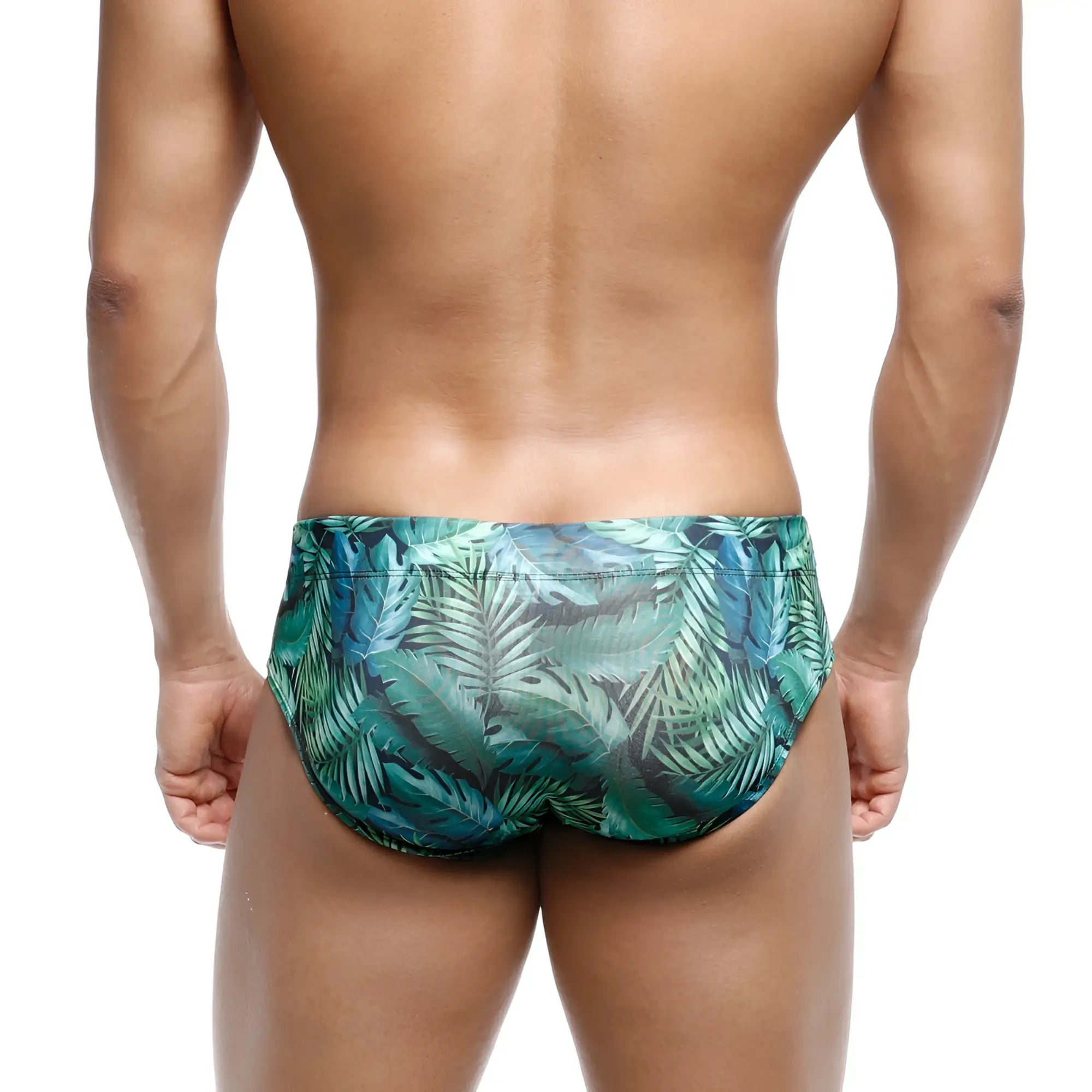 MetroMalewear classic green tropical leaf patterned swim brief designed for comfortable beachwear