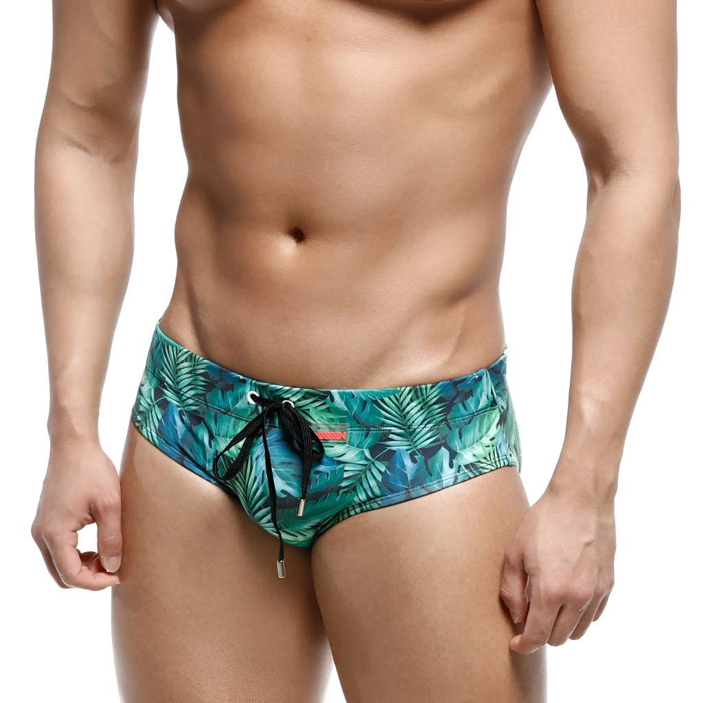 Metro malewear classic swim brief jungle 4914-08 men’s swim trunks with vibrant teal and green tropical leaf pattern and black drawstrings
