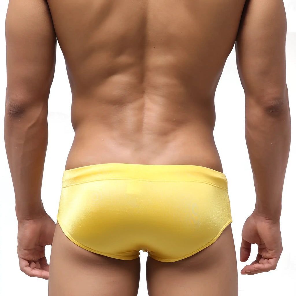 Bright yellow sleek satin swim trunks metroMalewear classic swim brief mango 4914-15 for swimming and beachwear