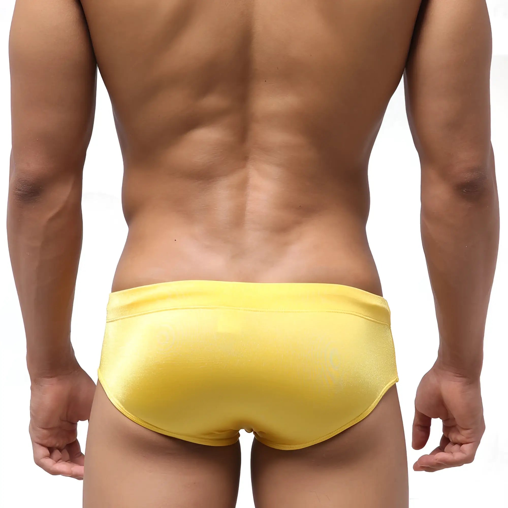 Bright yellow sleek satin swim trunks metroMalewear classic swim brief mango 4914-15 for swimming and beachwear