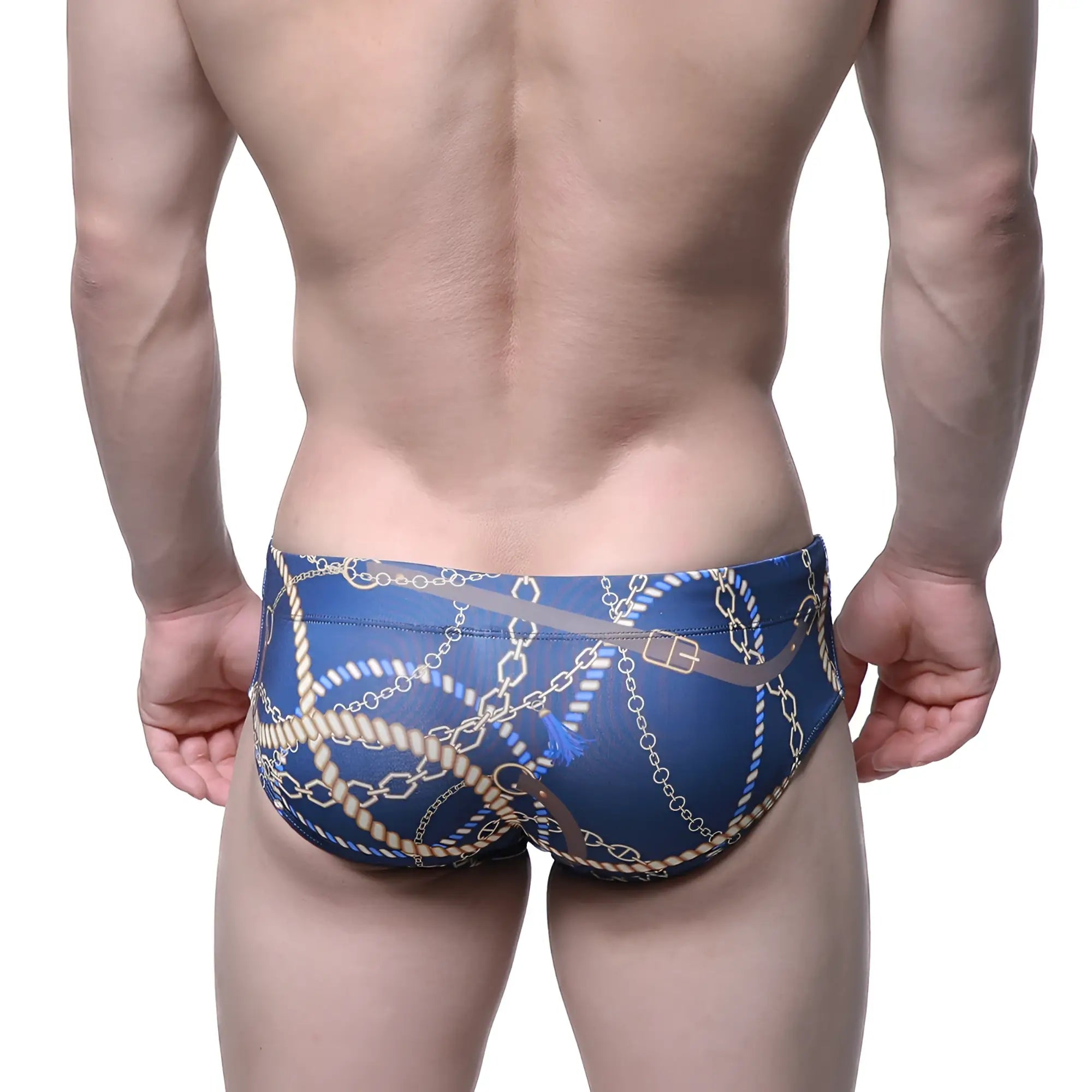 Blue swim trunks with bold gold chain and beige rope pattern featuring decorative tassels from metromalewear mayor 4914-89