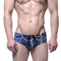 Blue swim trunks with gold chain pattern and black drawstring from MetroMaleWear classic swim brief mayor 4914-89