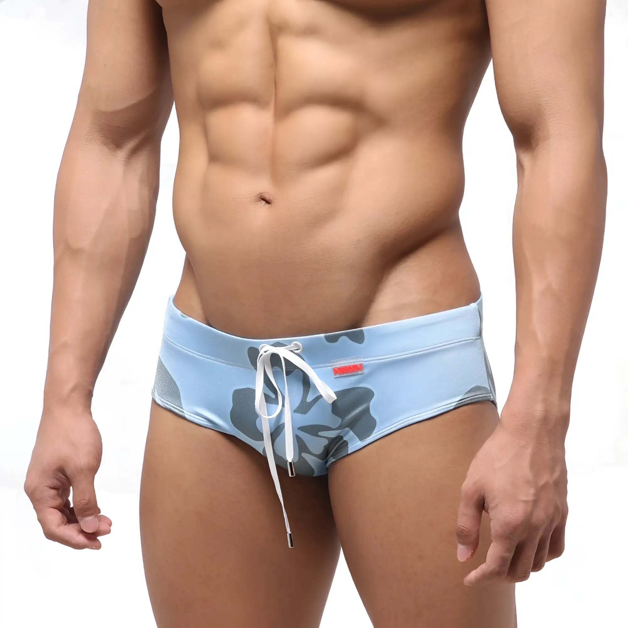MetroMalewear classic swim brief light blue with gray floral pattern and white drawstring for swimming use