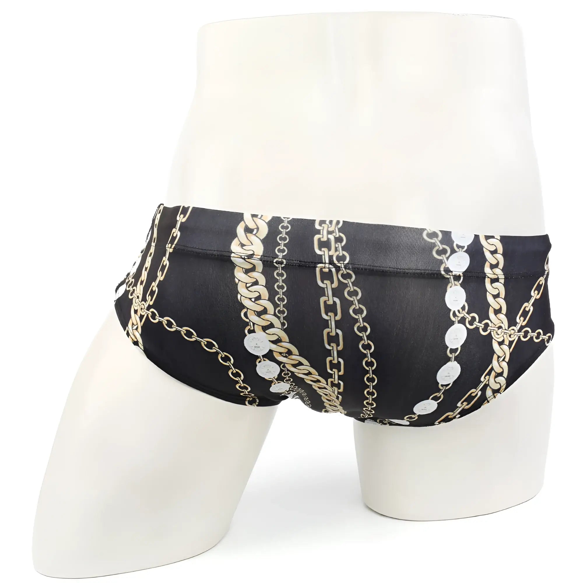 Black swim trunks with bold gold and silver chain pattern and circular medallions metroMalewear classic swim brief