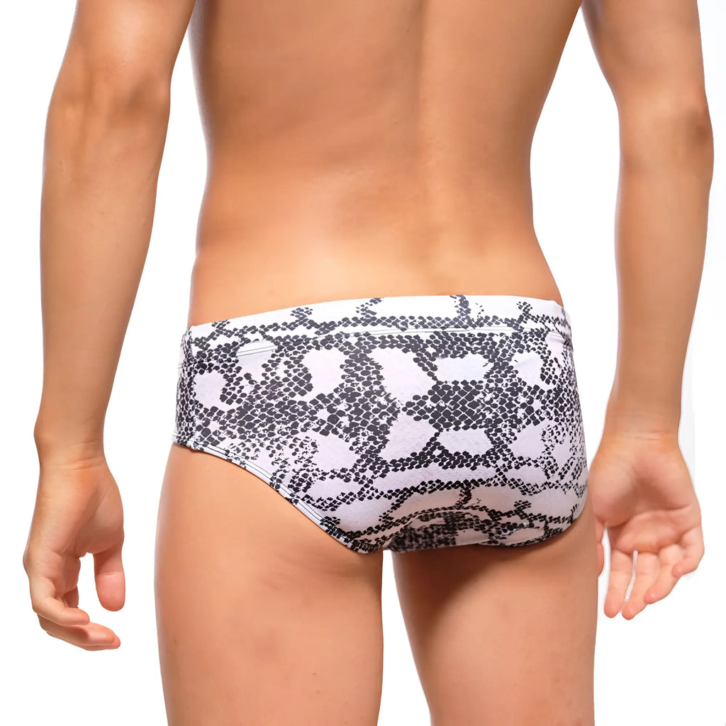 MetroMaleWear classic swim brief with white and black snake-scale pattern designed for stylish swimwear use