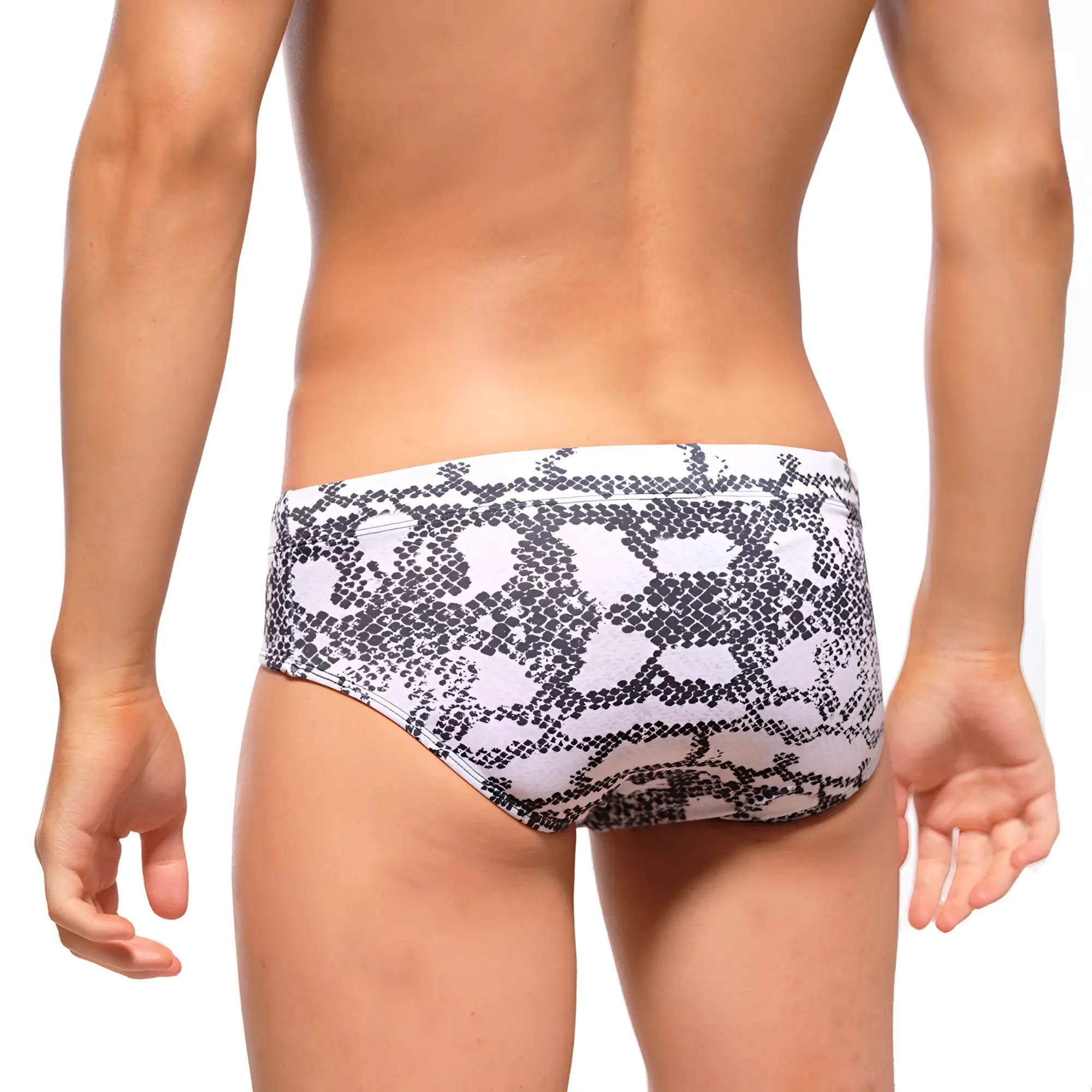 MetroMaleWear classic swim brief with white and black snake-scale pattern designed for stylish swimwear use