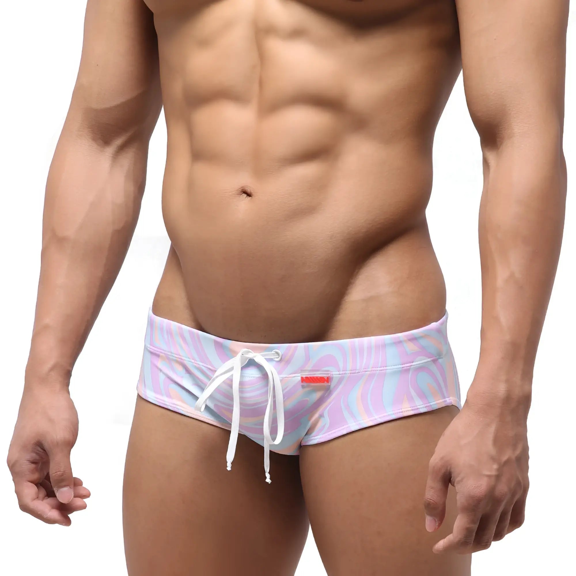 Pastel swirl-patterned metro male wear classic swim brief with white drawstrings and a red brand tag