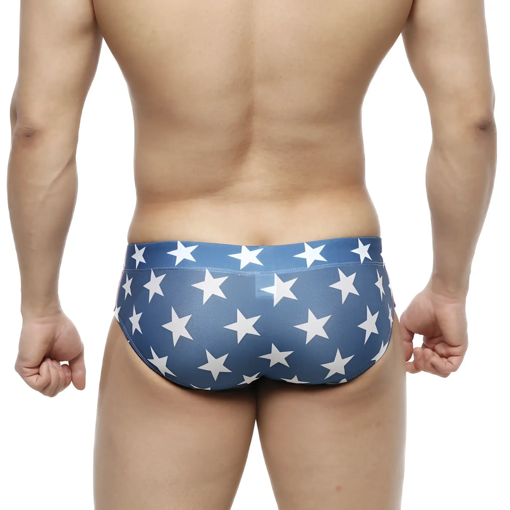 Blue swim trunks with white star pattern metroMalewear classic swim brief usa 4914-92 for men