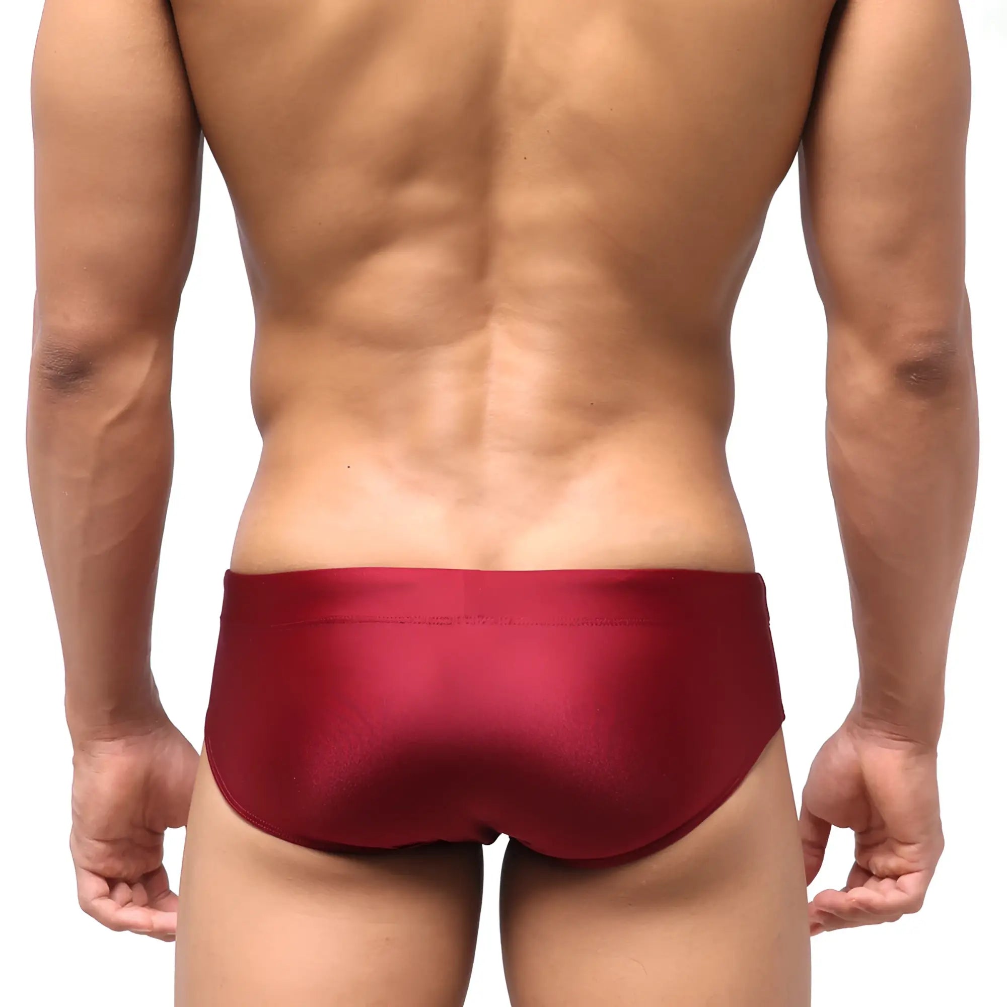 MetroMaleWear classic swim brief in wine red satin finish with a snug, smooth, form-hugging design