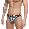 Black and white zebra-striped men’s swim trunks with black waistband and drawstring from MetroMaleWear classic Kenya 4902-30