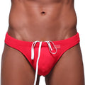 MetroMaleWear classic swim thong red 4902-12 features red swim trunks with white drawstrings and a small brand tag