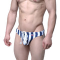MetroMalewear classic swim thong sailor 4902-32 with blue and white stripes and white drawstring waistband