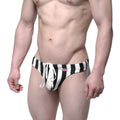Metro malewear classic swim thong stripe 4902-34 black and white striped swim trunks with white drawstring front view