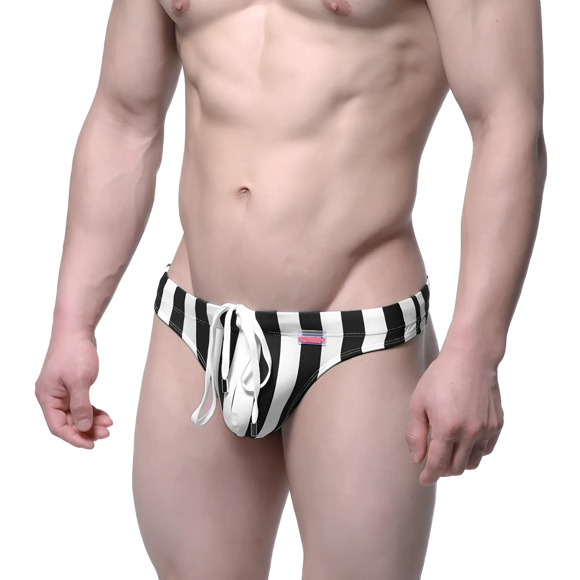 Metro malewear classic swim thong stripe 4902-34 black and white striped swim trunks with white drawstring front view