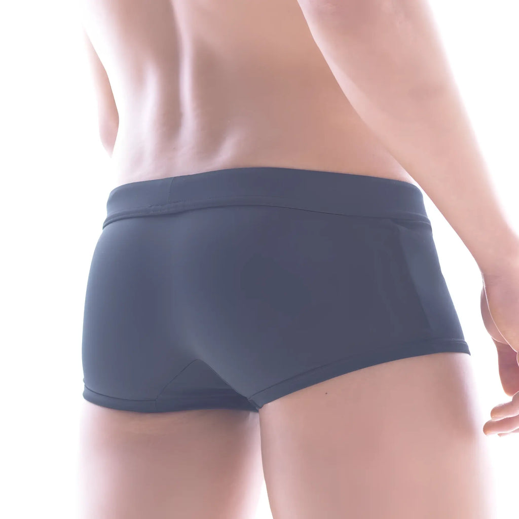 Dark gray form-fitting MetroMaleWear Classic Swim Trunk with smooth stretchy fabric and snug waistband front view